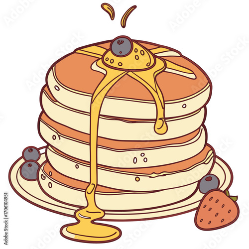 A tall stack of delicious pancakes drizzled with golden honey and topped with fresh blueberries and a strawberry