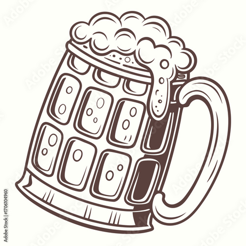 A stylized line art illustration of a frothy beer mug with bubbles and a classic handle on a plain background