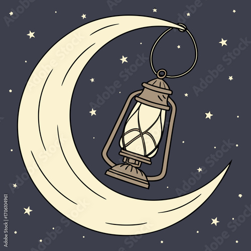 A vintage oil lantern hangs from the tip of a crescent moon against a starry night sky background