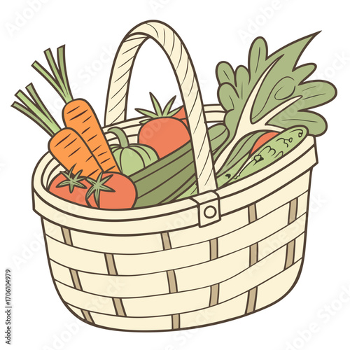 A woven basket overflowing with freshly harvested garden vegetables including carrots tomatoes cucumbers and lettuce