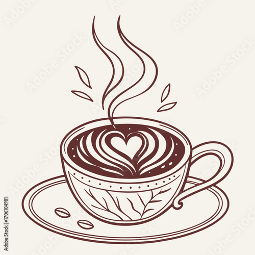 Artistic line drawing of a steaming cup of coffee with latte art heart design and decorative leaf pattern on saucer