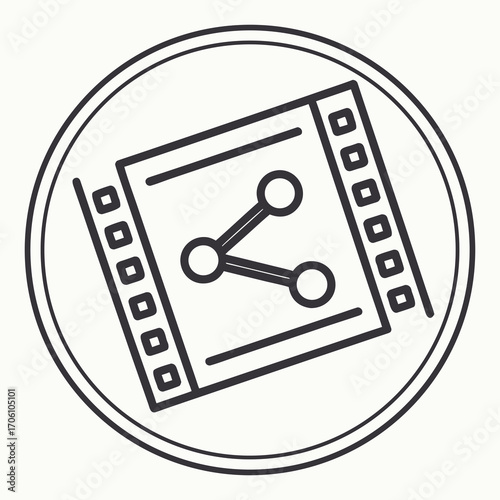 Circular icon featuring a film strip with a share icon symbolizing video sharing and distribution