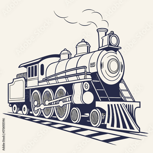 Classic steam locomotive with billowing smoke traveling on train tracks in a vintage illustration style