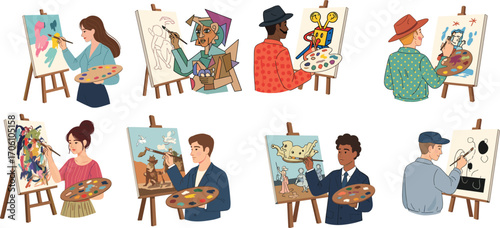Artists painting, diverse styles, abstract and surreal art, creative expression, canvas illustration, easel setup, colorful characters, artistic techniques, studio scene, visual storytelling
