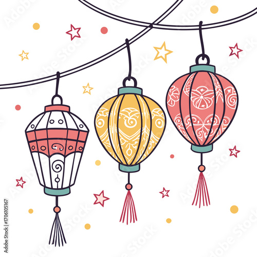 Colorful hand drawn lanterns with tassels and decorative stars and dots hanging on strings for festive celebrations