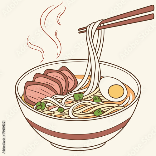 Delicious bowl of steaming ramen noodles with sliced pork soft boiled egg and green onions served with chopsticks lifting noodles