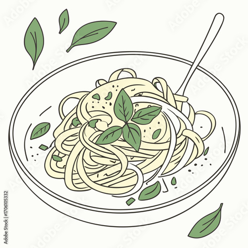 Delicious pasta dish with basil leaves and a fork in a white bowl on a light background simple illustration