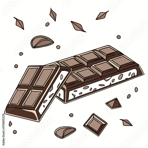 Delicious milk chocolate bar broken into pieces with scattered chocolate crumbs and chips on a white background