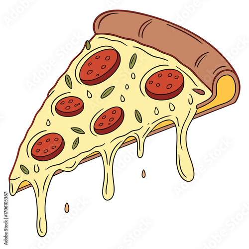 Delicious slice of pepperoni pizza with melted cheese and herbs dripping down on a white background
