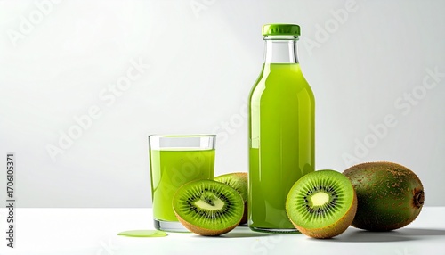 Kiwi juice in bottle and glass with whole and sliced kiwis isolated on white background studio shot