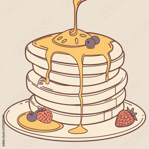 Delicious stack of fluffy pancakes drizzled with golden honey and topped with fresh berries on a plate