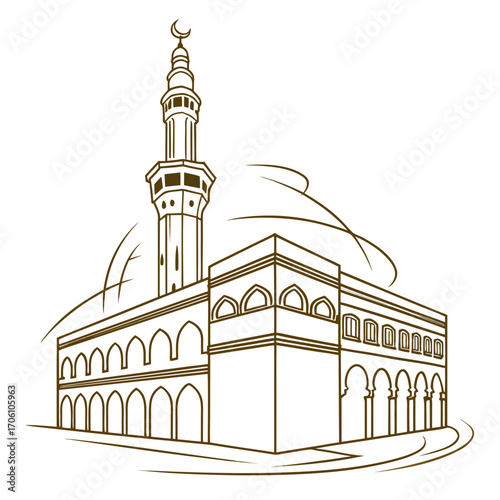 Elegant line art illustration of a mosque with a tall minaret and arched windows against a white background