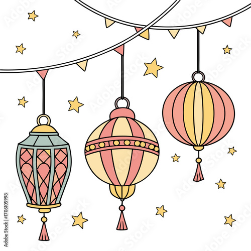 Festive hanging lanterns and stars create a joyful and celebratory atmosphere for a special occasion