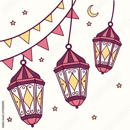 Festive ramadan celebration with hanging lanterns colorful bunting flags and crescent moon with stars on a white background