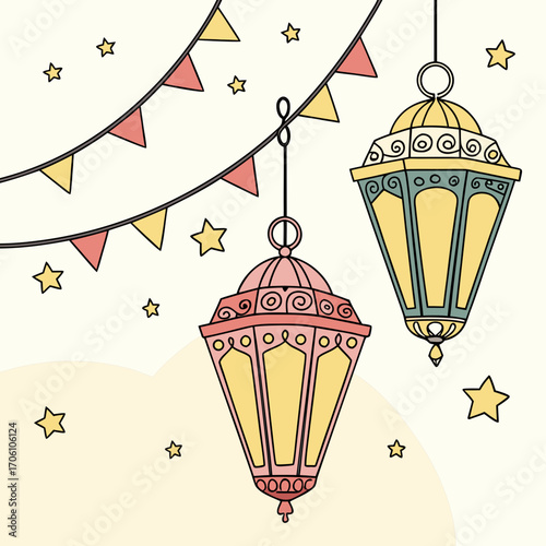 Festive ramadan celebration with hanging lanterns and star decorations on a creamy background