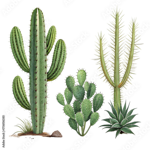 Desert Cactus Collection: Saguaro, Prickly Pear, Cholla, Agave Plants - Botanical Illustration on transparent background