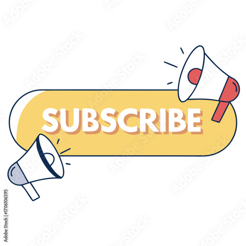 Illustration of a yellow button with the word subscribe in white text and two megaphones on a white background