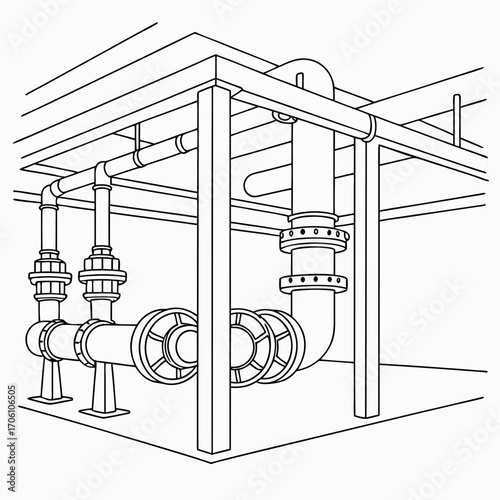 Industrial plumbing system with large pipes and flanges supported by metal structures in a clean line drawing illustration