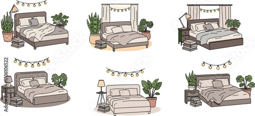 Bedroom illustration, cozy decor, string lights, potted plants, nightstand setup, book stack, lamp design, interior style, sleep space, cartoon furniture layout