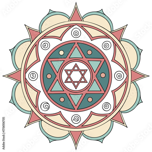 Intricate geometric mandala design featuring a star of david symbol in soft pastel colors