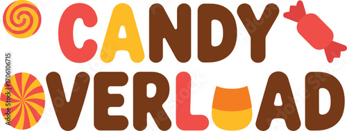 Festive candy overload text design with sweet halloween treats and colorful candies