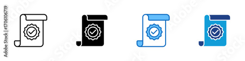 Certified Document Multiple Style Icon Design Vector - Scroll with check mark badge, symbolizing certificate, approval, or official validation