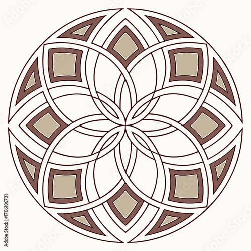 Intricate geometric circular mandala design with repeating diamond and petal shapes in brown and beige tones