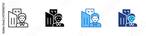 Businessman Multiple Style Icon Design Vector - Person in front of buildings, representing entrepreneur, corporate worker, or business professional