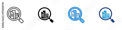 Company Search Multiple Style Icon Design Vector - Magnifying glass over buildings, symbolizing business search, company research, and corporate analysis