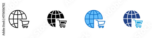 Global Shopping Multiple Style Icon Design Vector - Globe with shopping cart, symbolizing international e-commerce and worldwide retail