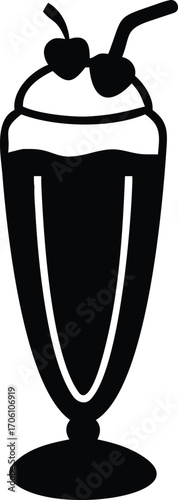Stylized black silhouette of a milkshake or sundae in a tall glass with two cherries and a straw on a white background