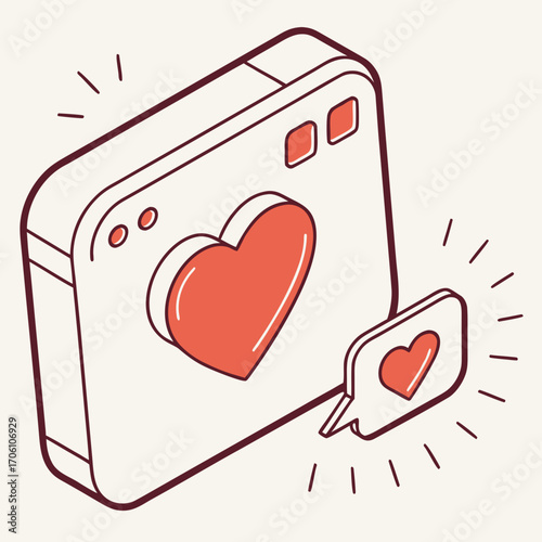 Isometric illustration of a social media post with a large heart icon and a notification bubble containing a heart icon