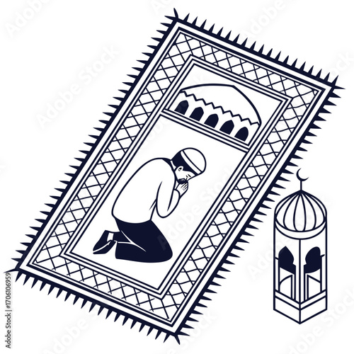 Islamic prayer rug with a man kneeling and praying and a decorative lantern nearby