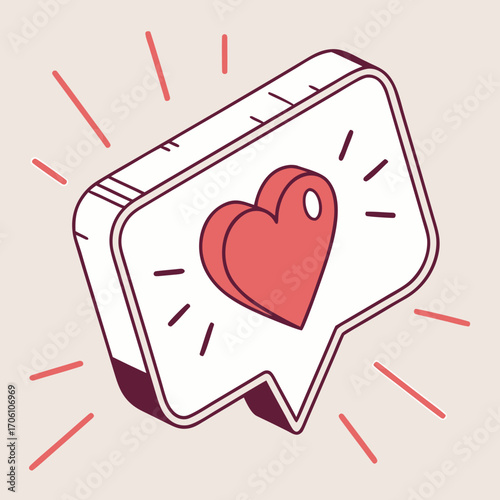 Isometric speech bubble with a red heart icon and radiating lines symbolizing a notification or message