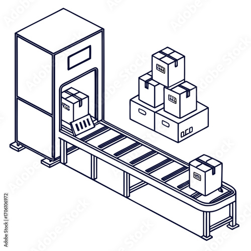 Isometric line art illustration of a modern automated packaging and sorting system with boxes on a conveyor belt