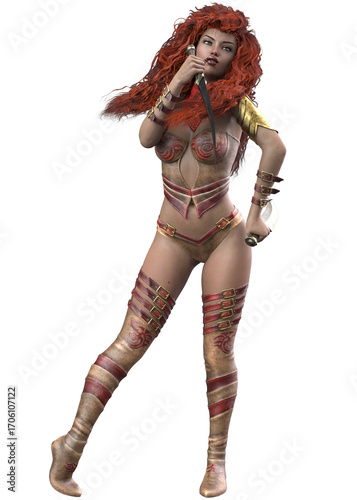 3D rendered illustration of a fierce female fantasy warrior with curly red hair, dressed in detailed armor, holding two curved blades in a powerful battle stance. Isolated on white background.