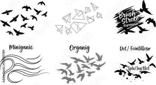 Bird silhouette and abstract design vector set, brush stroke, geometric, pointillism, organic and minimal styles, black and white illustration pack