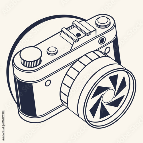 Minimalist line art illustration of a vintage camera with a detailed lens and classic design elements