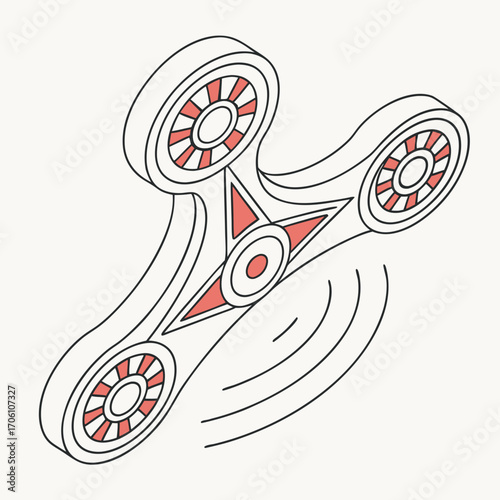 Modern stylized three pronged fidget spinner toy in isometric perspective with coral accents and motion lines