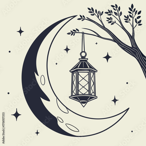 Mystical crescent moon with a vintage lantern hanging from a tree branch amidst twinkling stars