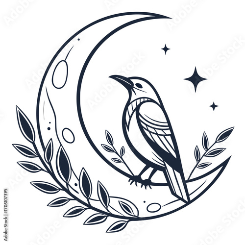 Mystical raven perched on a crescent moon surrounded by stars and delicate foliage in a stylized line art design