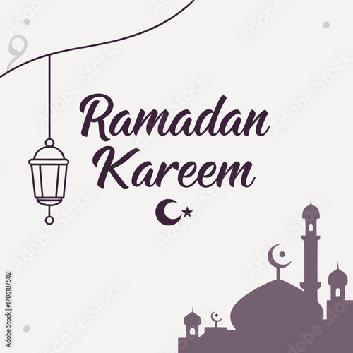 Ramadan kareem islamic greeting with crescent moon lantern and mosque silhouette for celebrations
