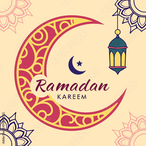 Ramadan kareem greeting with a decorative crescent moon hanging lantern and floral motifs on a soft yellow background