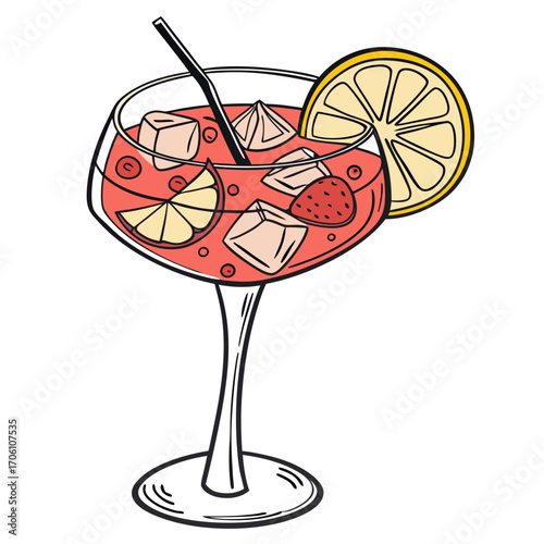 Refreshing strawberry lemonade cocktail with ice cubes and fresh fruit garnish in a tall glass