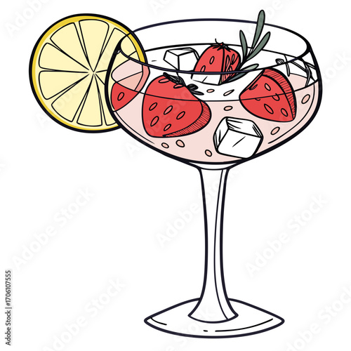 Refreshing strawberry gin cocktail with lemon slice and rosemary sprig in a goblet glass with ice cubes