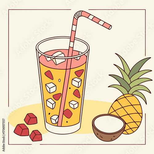 Refreshing tropical pineapple and coconut drink with ice cubes and fruit pieces a delightful summer beverage
