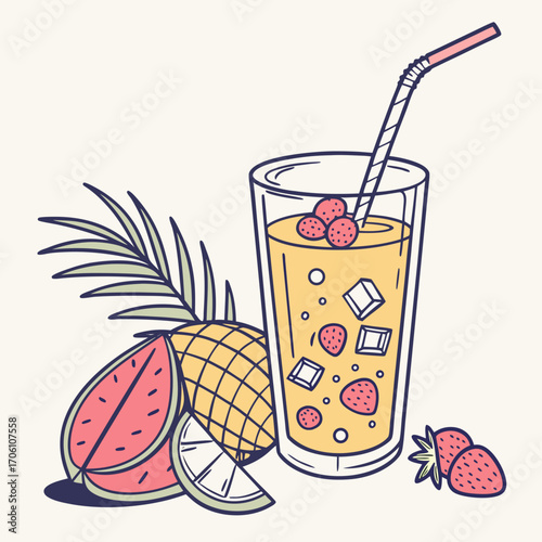 Refreshing tropical fruit juice with pineapple watermelon strawberry and ice cubes in a tall glass with a straw and palm leaf garnish