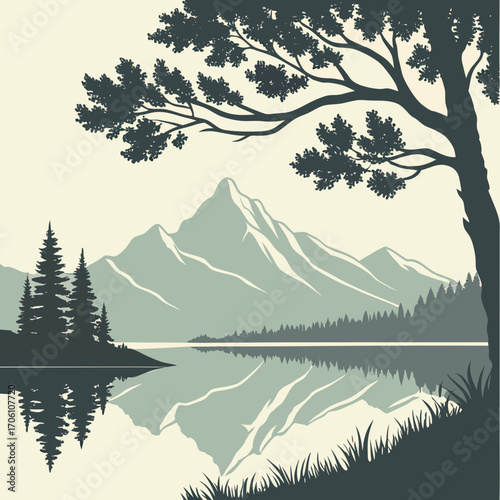 Serene mountain lake landscape with pine trees and reflecting peaks under a large tree branch