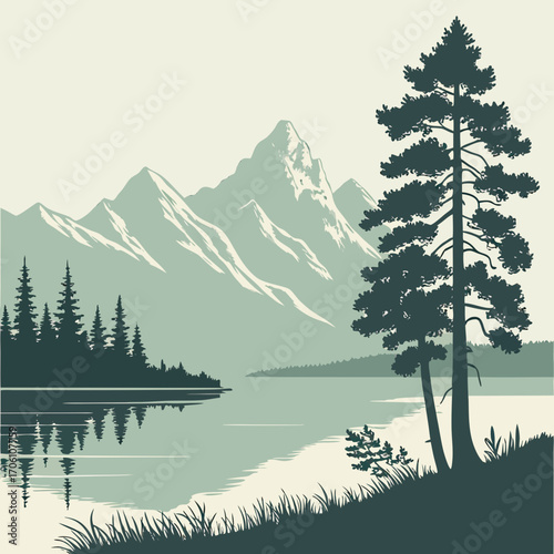 Serene mountain lake landscape with pine trees and reflections in a minimalist vintage graphic art style