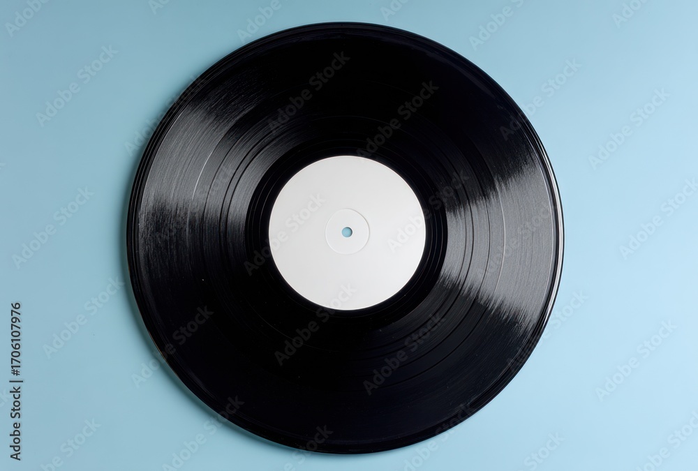 Fototapeta premium A classic black vinyl record with a blank white label is centered against a simple, solid light blue background, creating a clean, minimalist composition